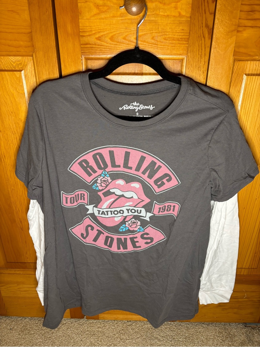 the Rolling Stones Gray Long-Sleeve Tee with Pink Logo
